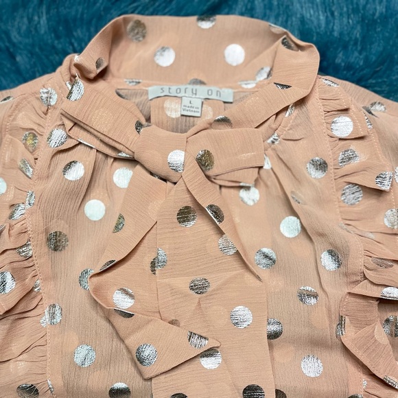 Mauve/Silver Sheer Long Sleeve Polka Dot Neck Tie Blouse - Picture 14 of 15